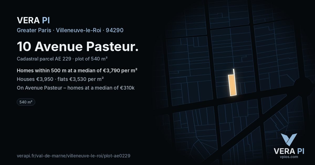 10 Avenue Pasteur, Villeneuve-le-Roi at night – the plot lit, the parcels around coloured by the prices near them