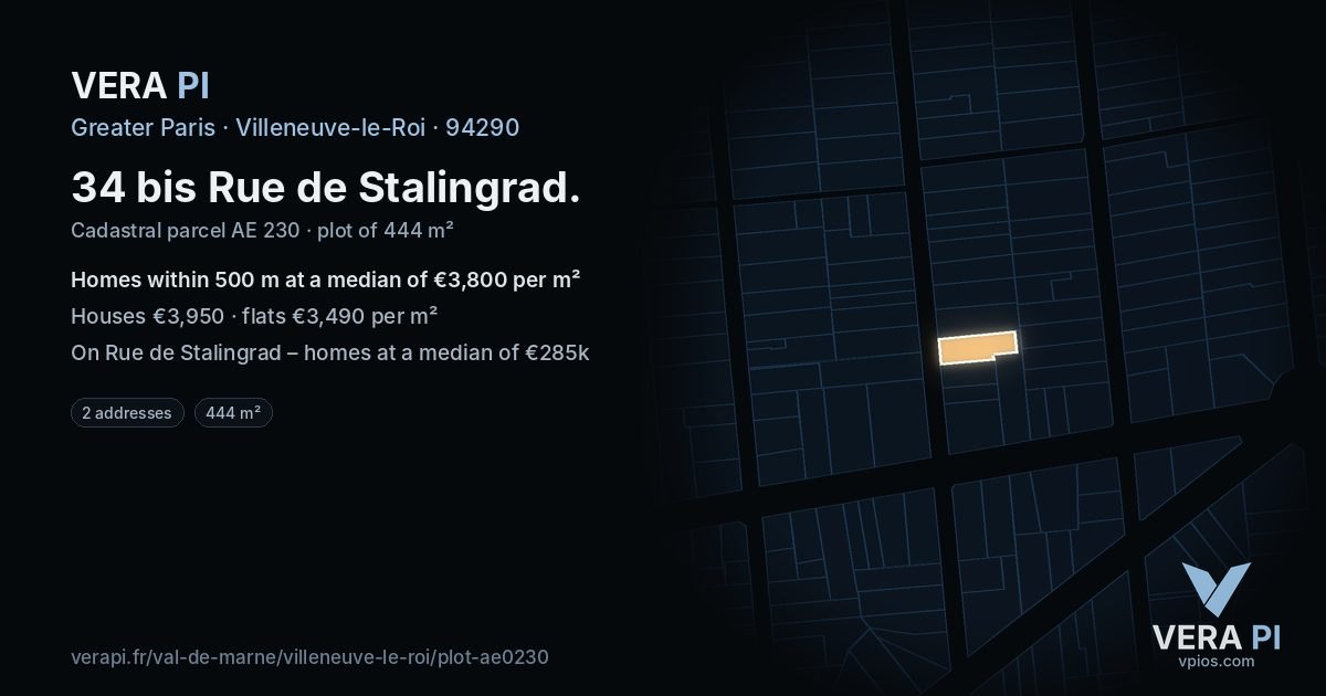 34 bis Rue de Stalingrad, Villeneuve-le-Roi at night – the plot lit, the parcels around coloured by the prices near them