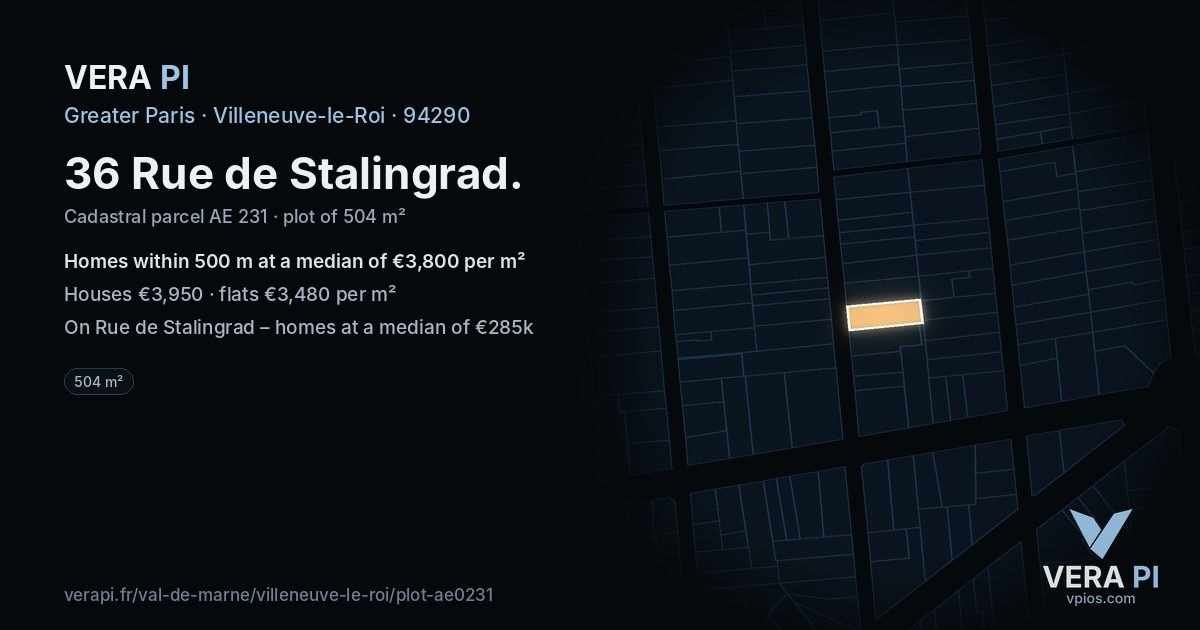 36 Rue de Stalingrad, Villeneuve-le-Roi at night – the plot lit, the parcels around coloured by the prices near them