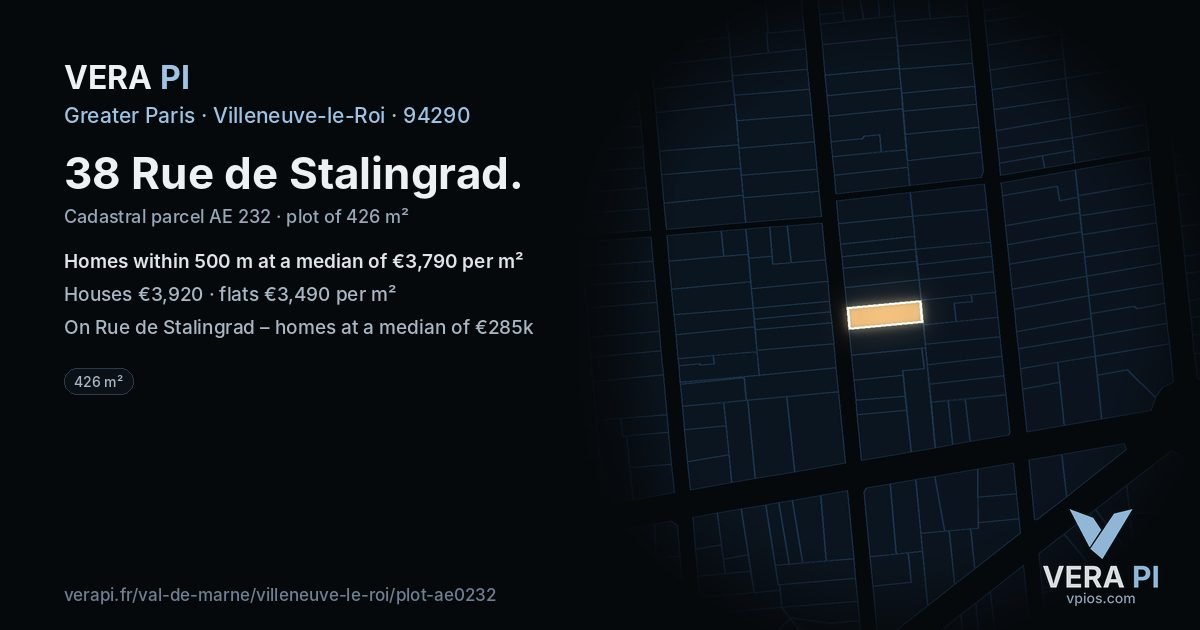 38 Rue de Stalingrad, Villeneuve-le-Roi at night – the plot lit, the parcels around coloured by the prices near them