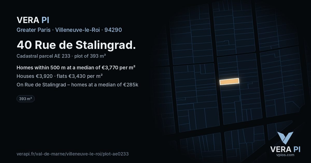 40 Rue de Stalingrad, Villeneuve-le-Roi at night – the plot lit, the parcels around coloured by the prices near them