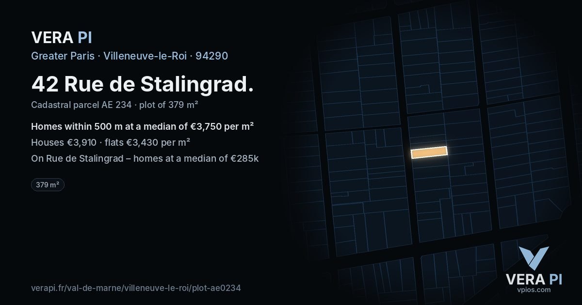 42 Rue de Stalingrad, Villeneuve-le-Roi at night – the plot lit, the parcels around coloured by the prices near them