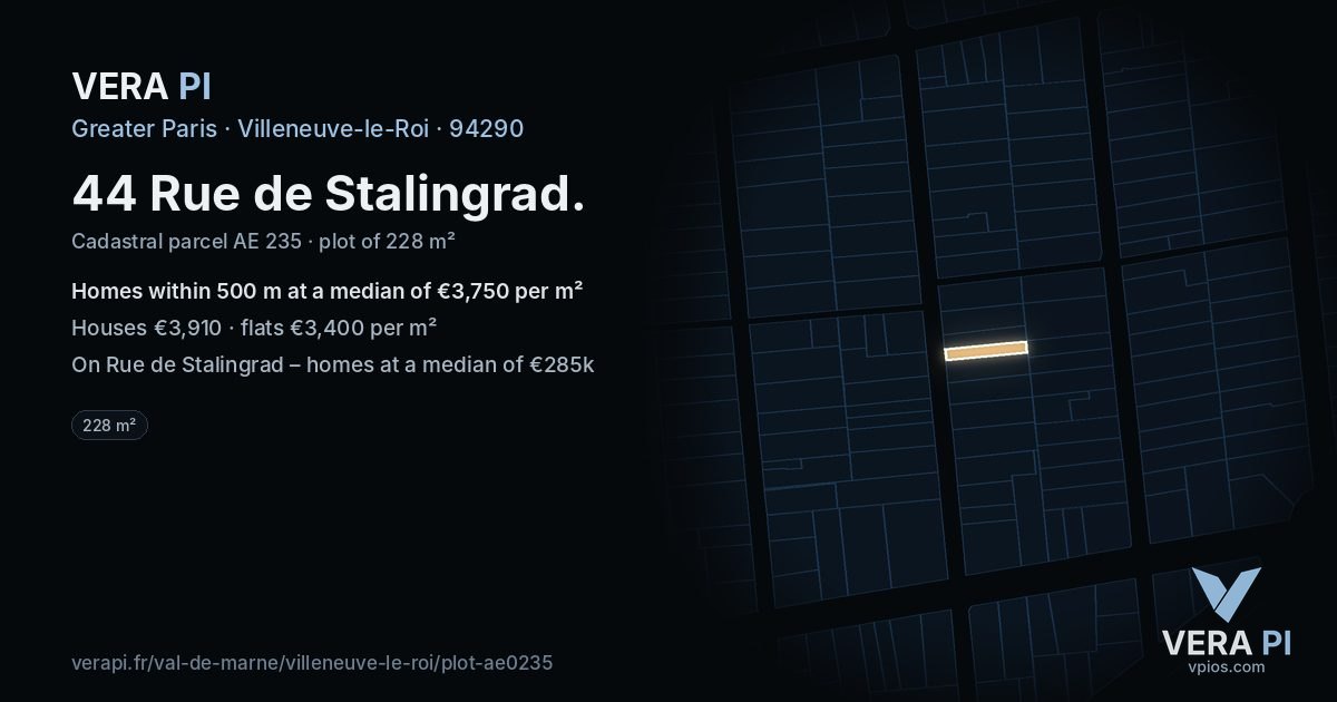 44 Rue de Stalingrad, Villeneuve-le-Roi at night – the plot lit, the parcels around coloured by the prices near them