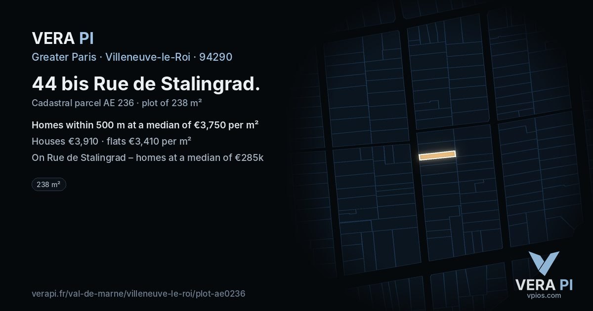 44 bis Rue de Stalingrad, Villeneuve-le-Roi at night – the plot lit, the parcels around coloured by the prices near them