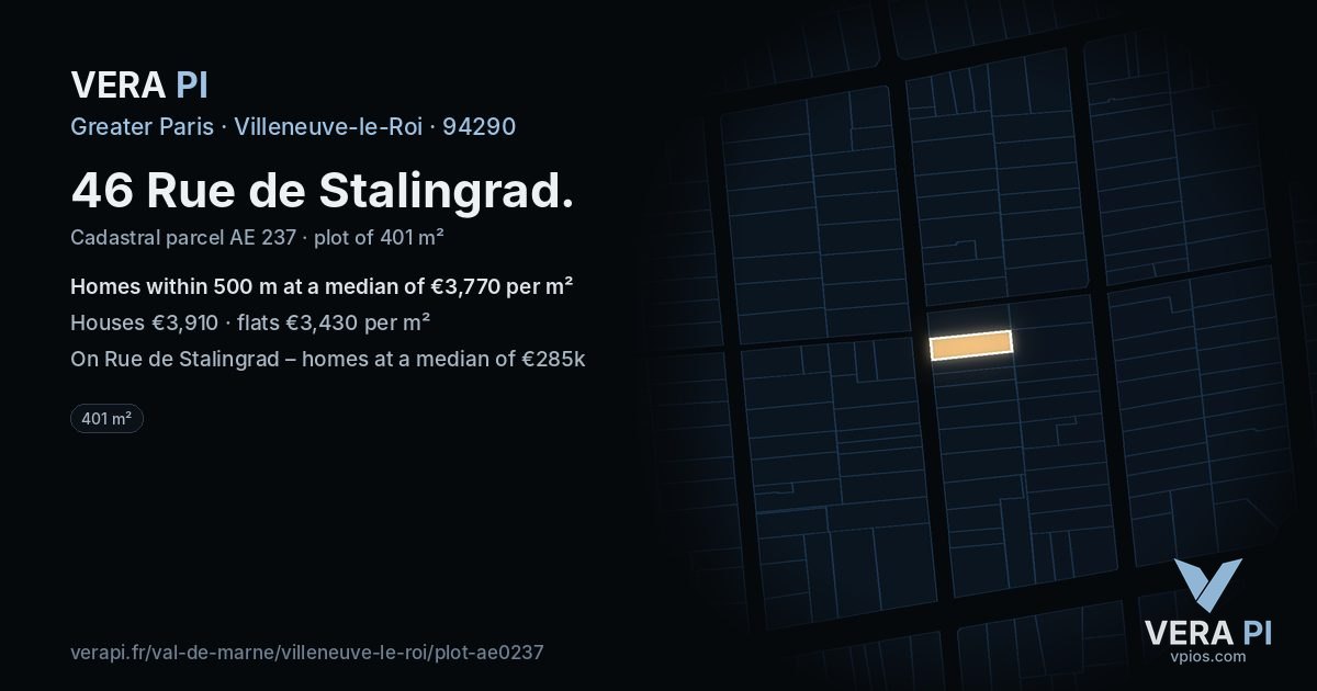 46 Rue de Stalingrad, Villeneuve-le-Roi at night – the plot lit, the parcels around coloured by the prices near them