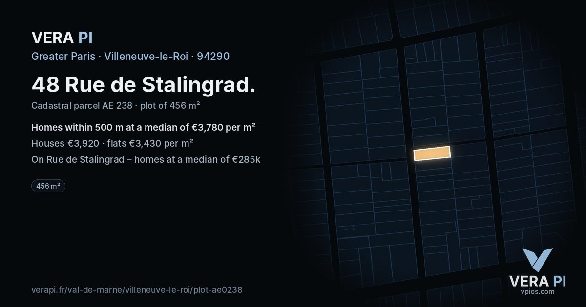 48 Rue de Stalingrad, Villeneuve-le-Roi at night – the plot lit, the parcels around coloured by the prices near them