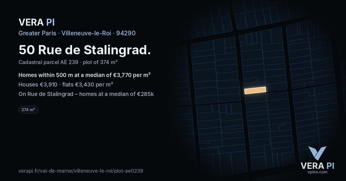 50 Rue de Stalingrad, Villeneuve-le-Roi at night – the plot lit, the parcels around coloured by the prices near them