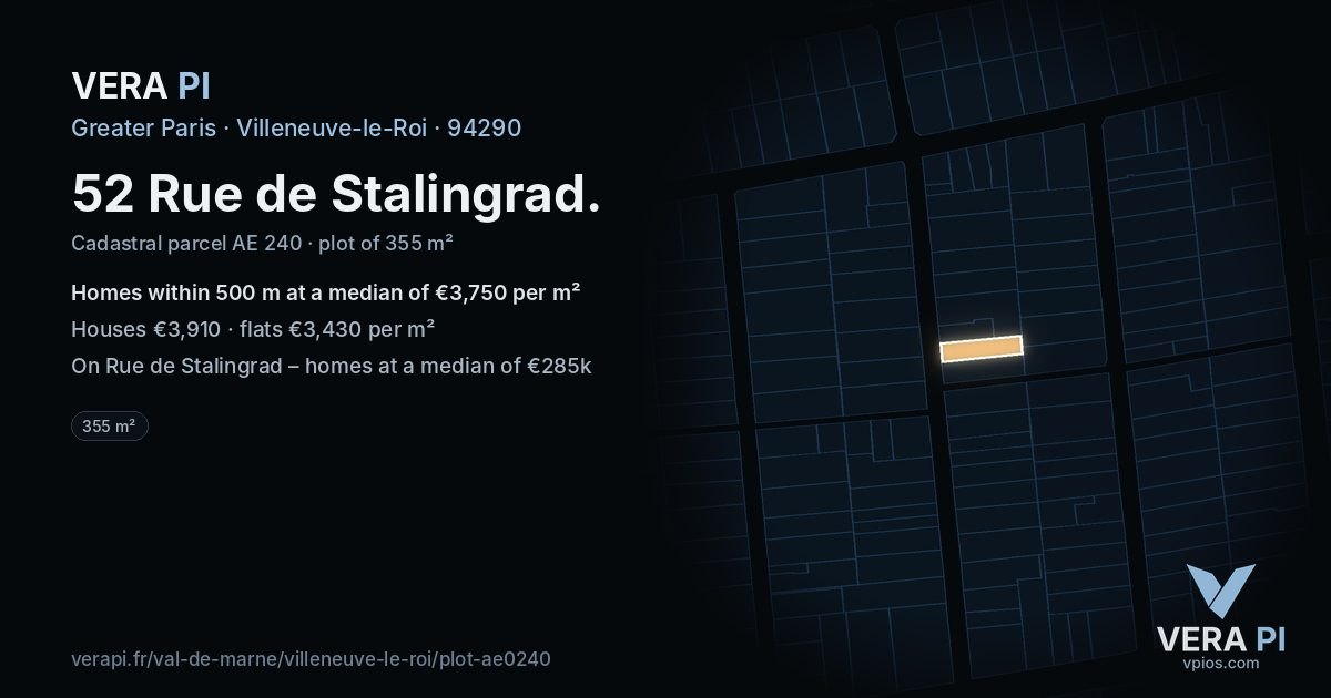 52 Rue de Stalingrad, Villeneuve-le-Roi at night – the plot lit, the parcels around coloured by the prices near them