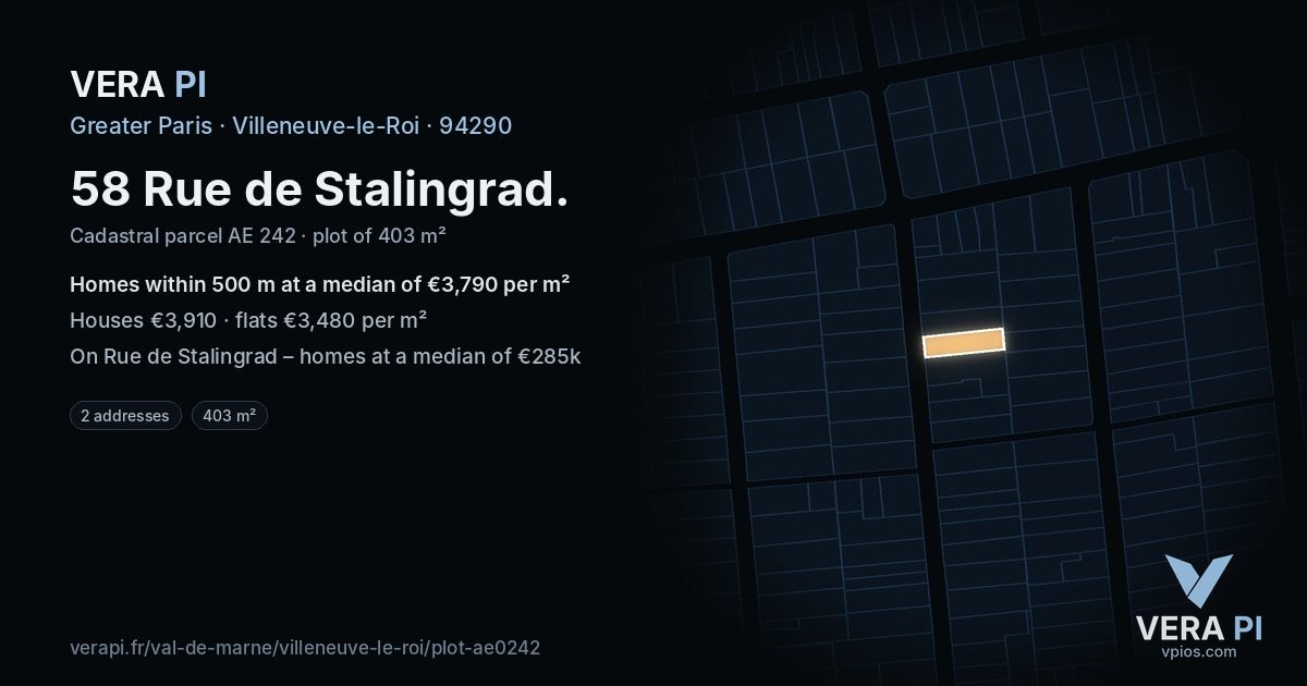 58 Rue de Stalingrad, Villeneuve-le-Roi at night – the plot lit, the parcels around coloured by the prices near them
