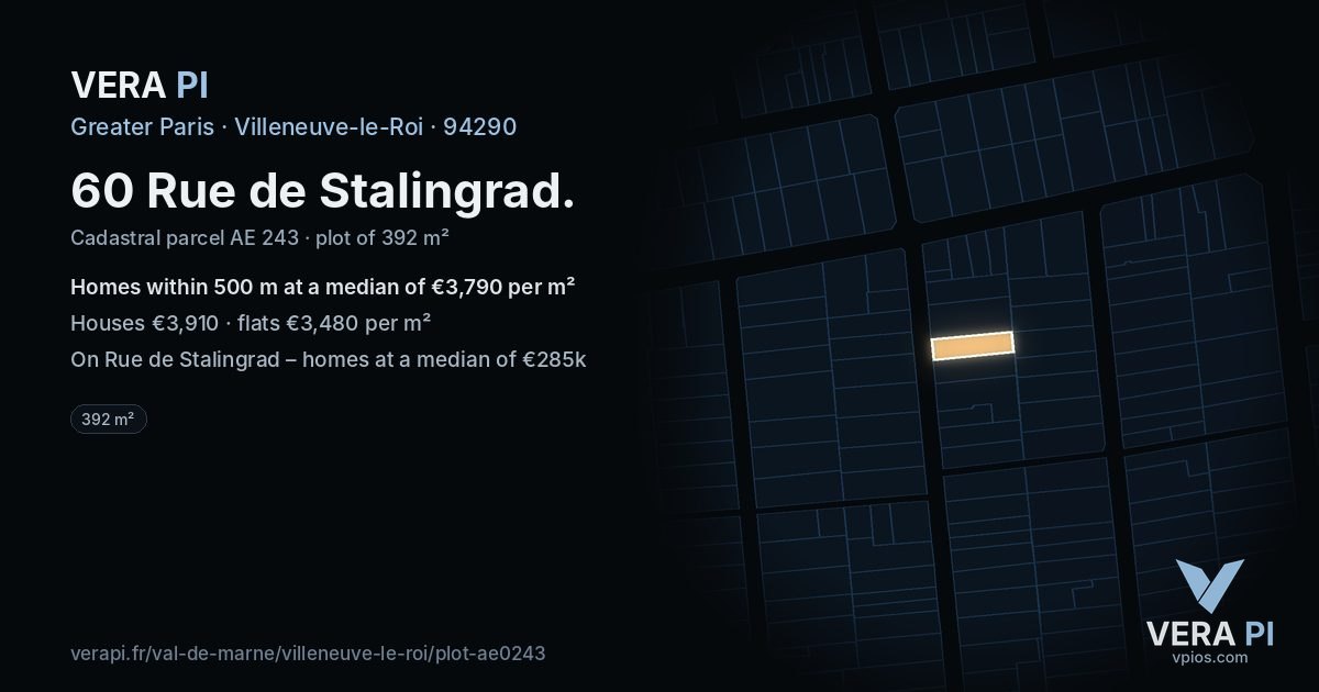 60 Rue de Stalingrad, Villeneuve-le-Roi at night – the plot lit, the parcels around coloured by the prices near them