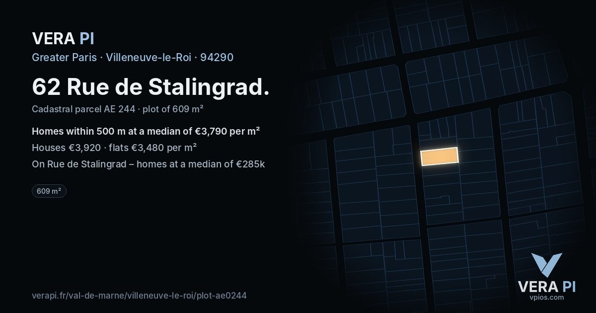 62 Rue de Stalingrad, Villeneuve-le-Roi at night – the plot lit, the parcels around coloured by the prices near them