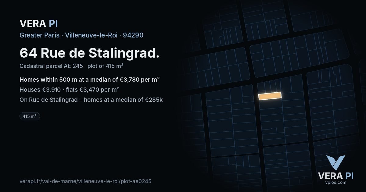 64 Rue de Stalingrad, Villeneuve-le-Roi at night – the plot lit, the parcels around coloured by the prices near them