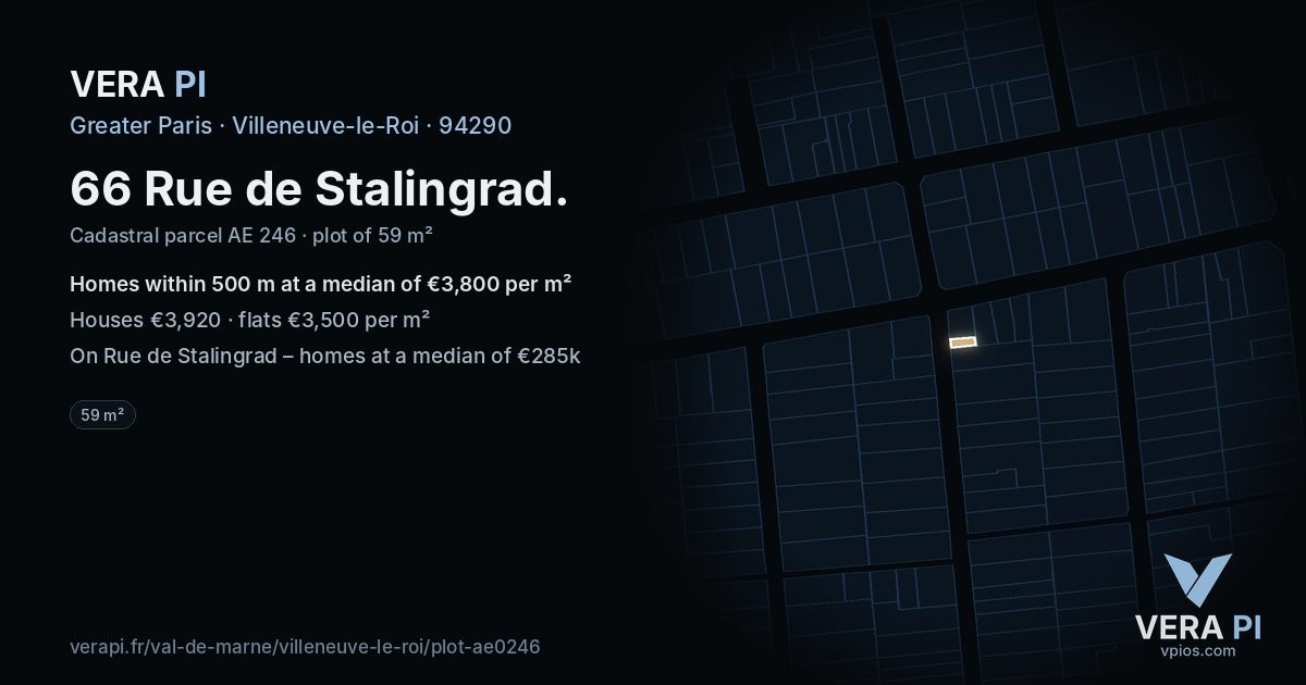 66 Rue de Stalingrad, Villeneuve-le-Roi at night – the plot lit, the parcels around coloured by the prices near them