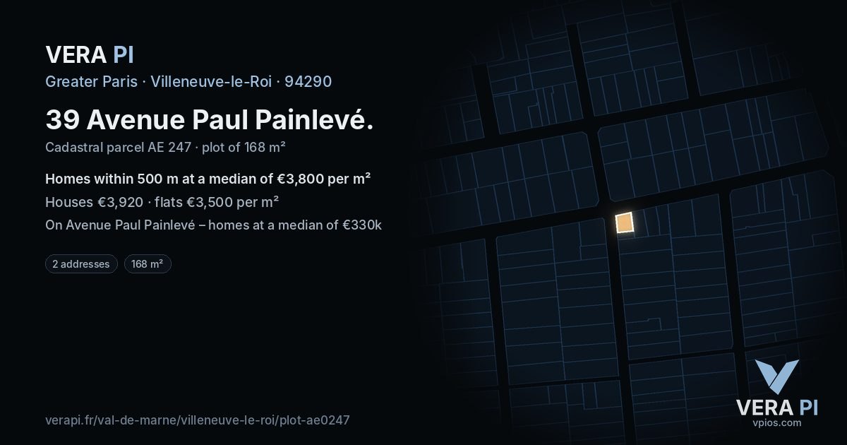 39 Avenue Paul Painlevé, Villeneuve-le-Roi at night – the plot lit, the parcels around coloured by the prices near them