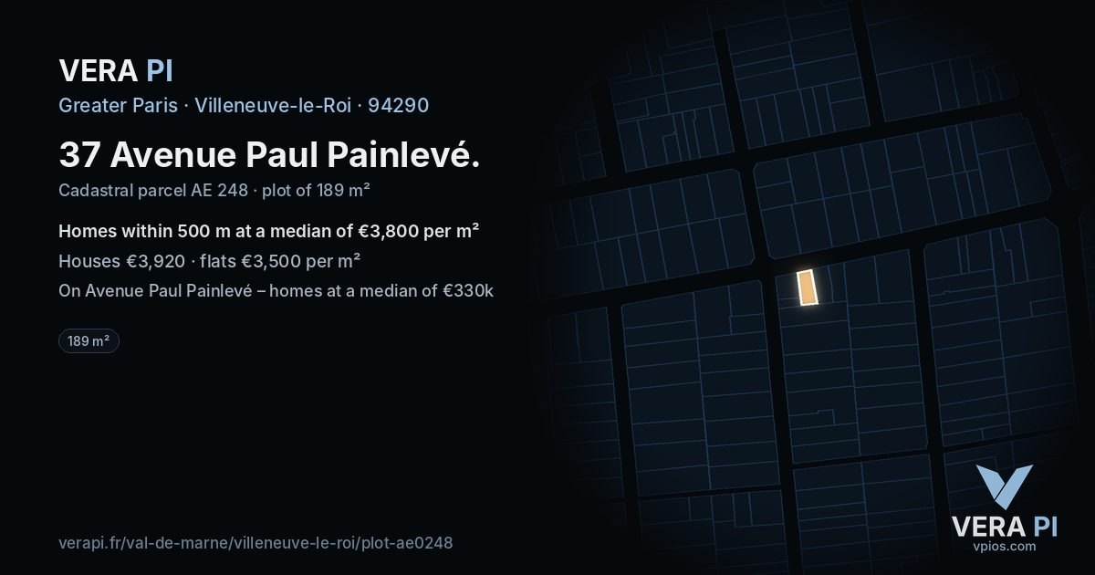 37 Avenue Paul Painlevé, Villeneuve-le-Roi at night – the plot lit, the parcels around coloured by the prices near them