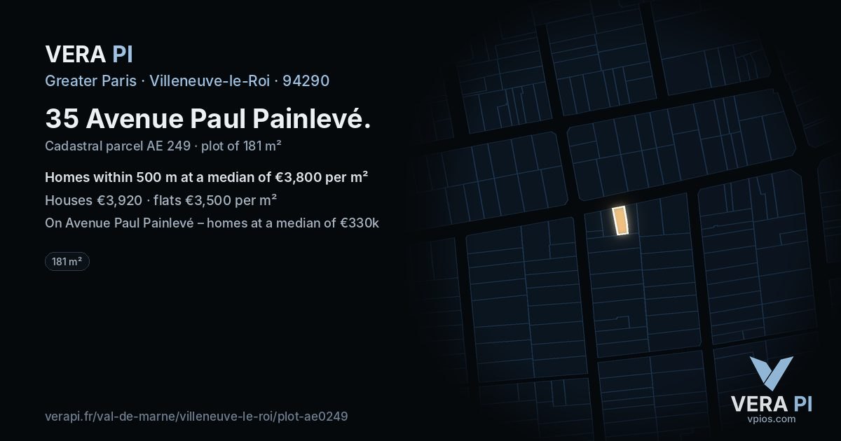 35 Avenue Paul Painlevé, Villeneuve-le-Roi at night – the plot lit, the parcels around coloured by the prices near them