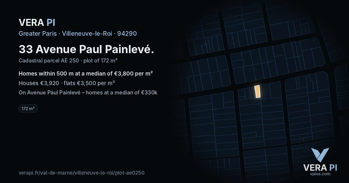 33 Avenue Paul Painlevé, Villeneuve-le-Roi at night – the plot lit, the parcels around coloured by the prices near them
