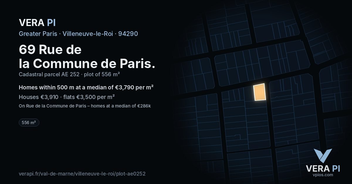 69 Rue de la Commune de Paris, Villeneuve-le-Roi at night – the plot lit, the parcels around coloured by the prices near them