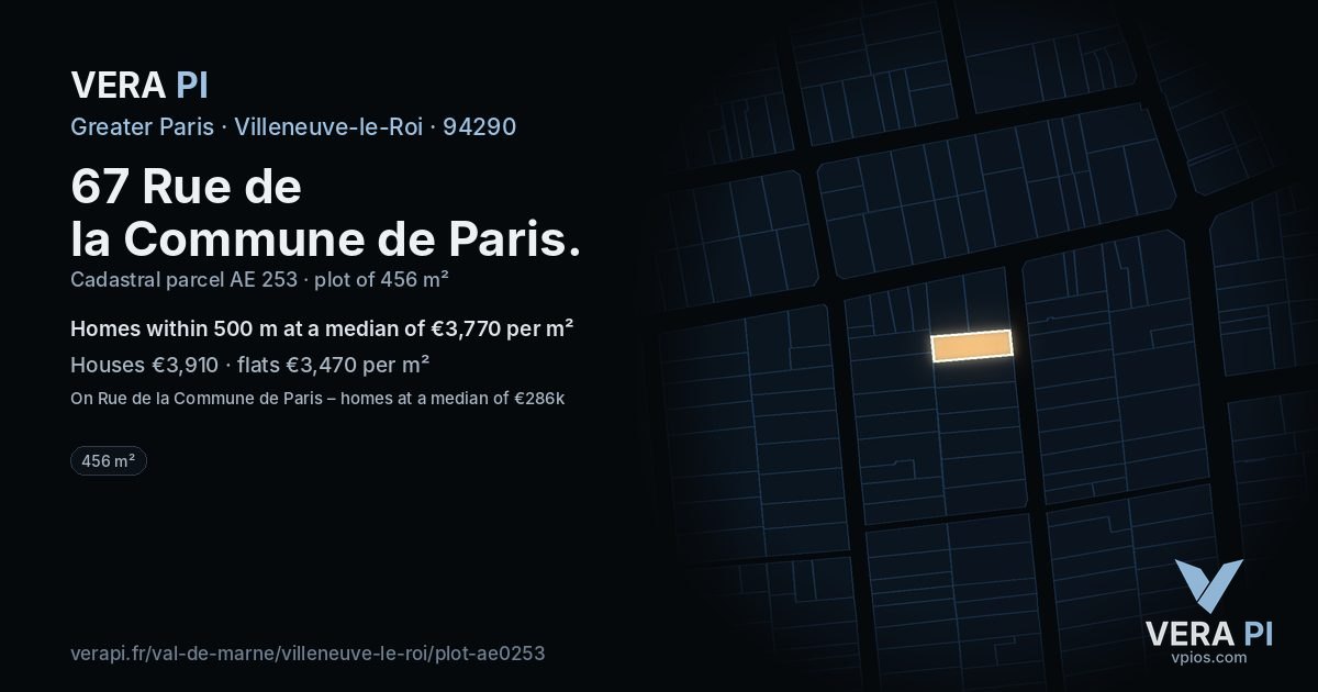 67 Rue de la Commune de Paris, Villeneuve-le-Roi at night – the plot lit, the parcels around coloured by the prices near them