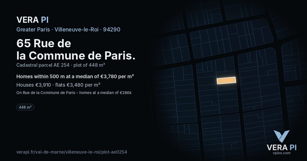 65 Rue de la Commune de Paris, Villeneuve-le-Roi at night – the plot lit, the parcels around coloured by the prices near them