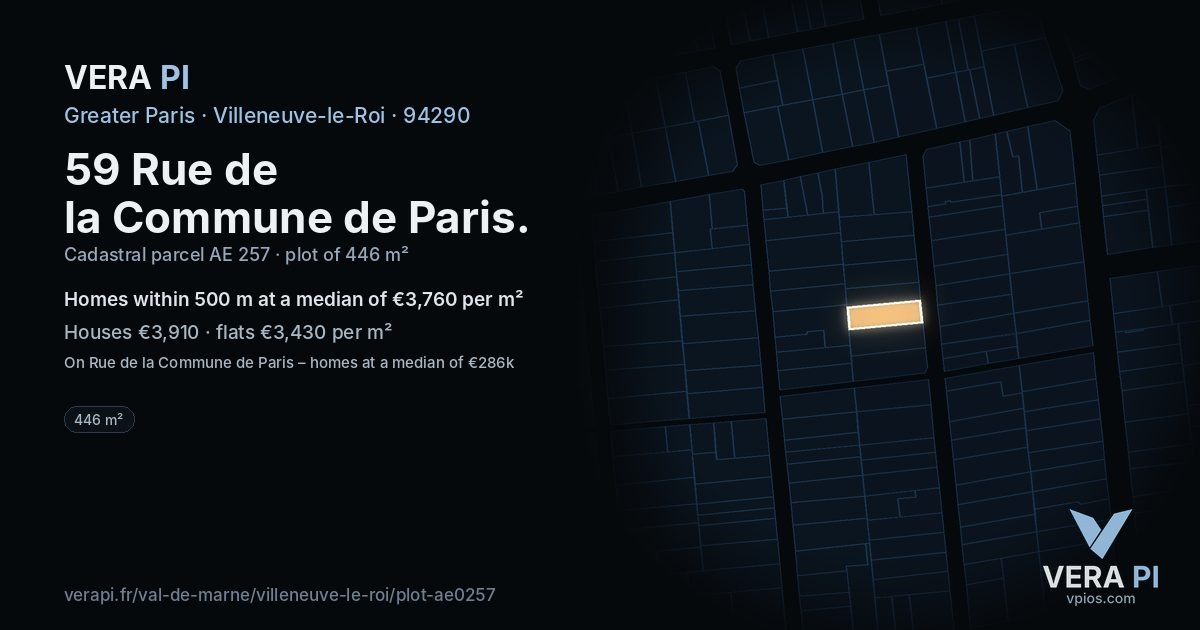 59 Rue de la Commune de Paris, Villeneuve-le-Roi at night – the plot lit, the parcels around coloured by the prices near them