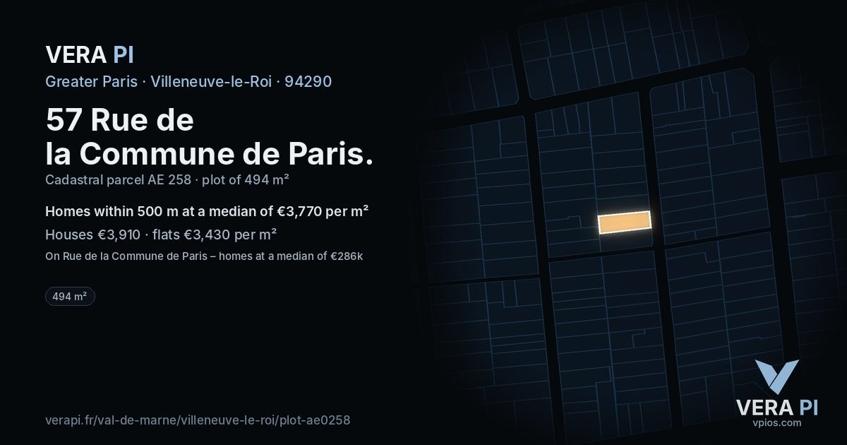 57 Rue de la Commune de Paris, Villeneuve-le-Roi at night – the plot lit, the parcels around coloured by the prices near them