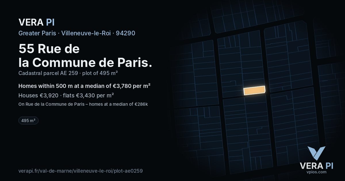 55 Rue de la Commune de Paris, Villeneuve-le-Roi at night – the plot lit, the parcels around coloured by the prices near them