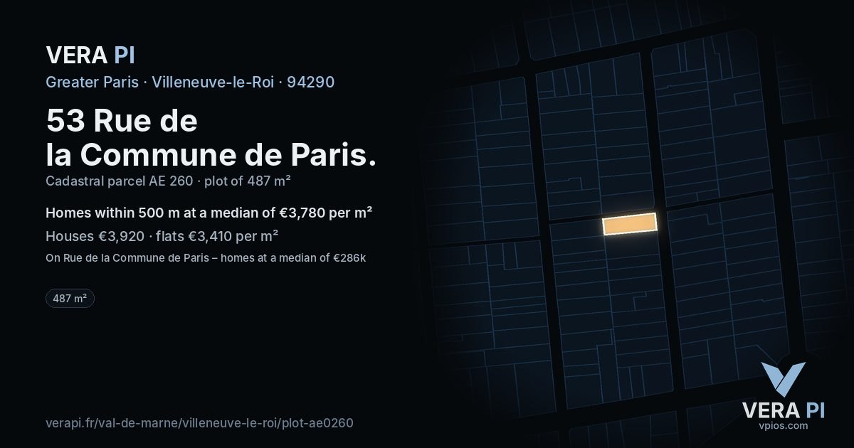 53 Rue de la Commune de Paris, Villeneuve-le-Roi at night – the plot lit, the parcels around coloured by the prices near them
