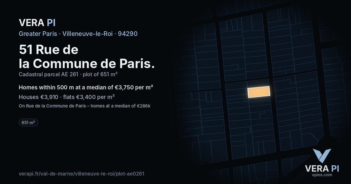51 Rue de la Commune de Paris, Villeneuve-le-Roi at night – the plot lit, the parcels around coloured by the prices near them
