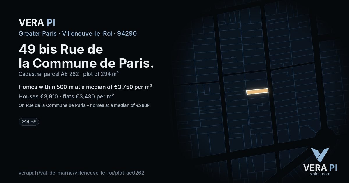 49 bis Rue de la Commune de Paris, Villeneuve-le-Roi at night – the plot lit, the parcels around coloured by the prices near them