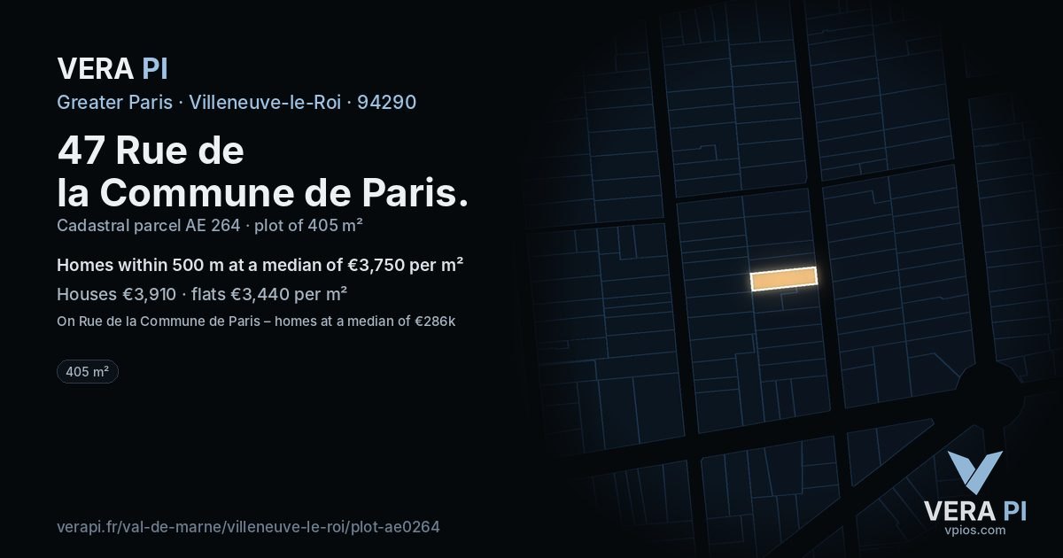 47 Rue de la Commune de Paris, Villeneuve-le-Roi at night – the plot lit, the parcels around coloured by the prices near them