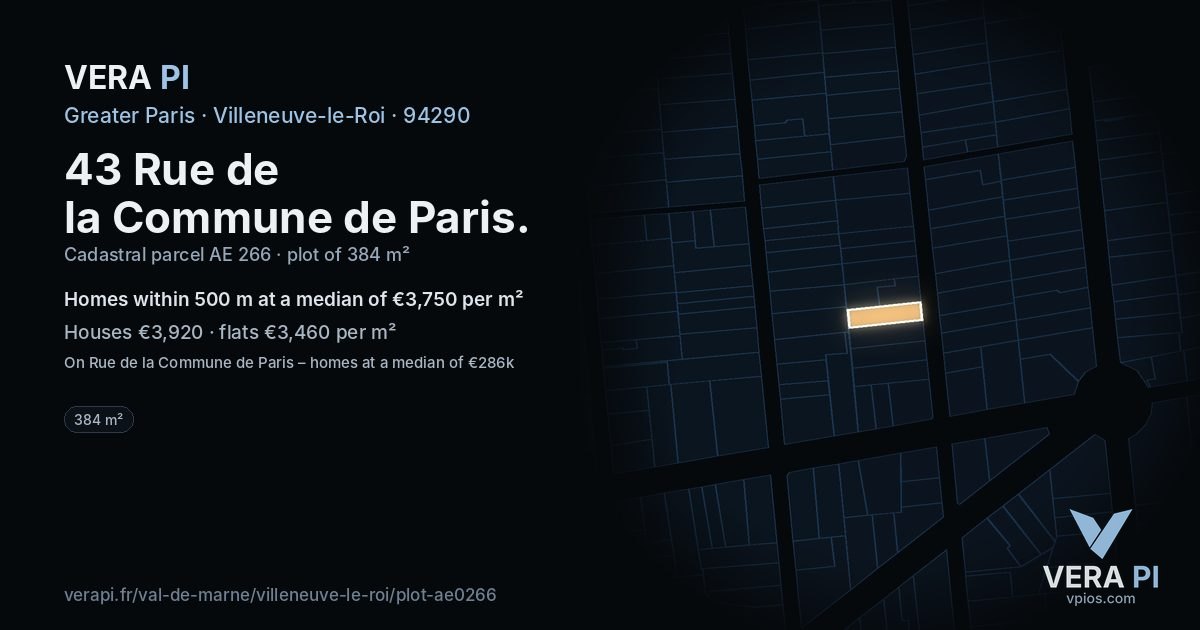 43 Rue de la Commune de Paris, Villeneuve-le-Roi at night – the plot lit, the parcels around coloured by the prices near them
