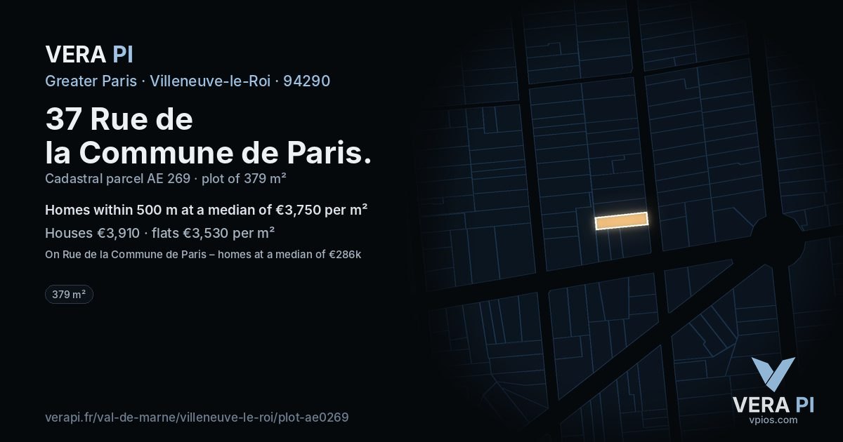 37 Rue de la Commune de Paris, Villeneuve-le-Roi at night – the plot lit, the parcels around coloured by the prices near them