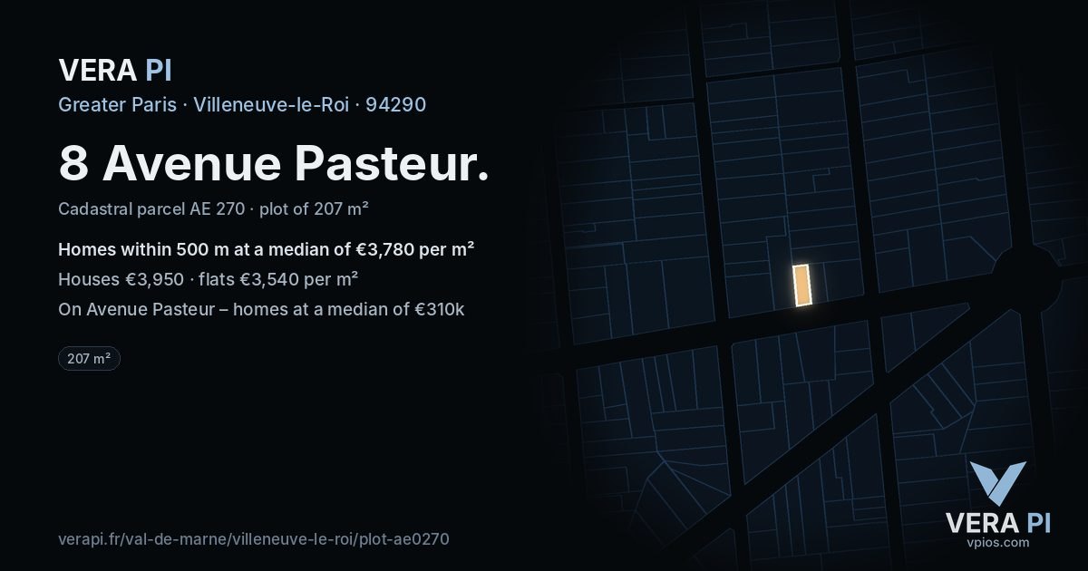 8 Avenue Pasteur, Villeneuve-le-Roi at night – the plot lit, the parcels around coloured by the prices near them
