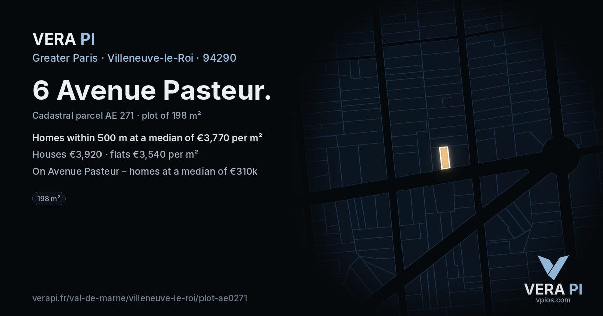 6 Avenue Pasteur, Villeneuve-le-Roi at night – the plot lit, the parcels around coloured by the prices near them