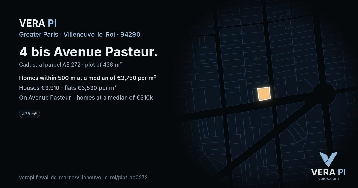 4 bis Avenue Pasteur, Villeneuve-le-Roi at night – the plot lit, the parcels around coloured by the prices near them