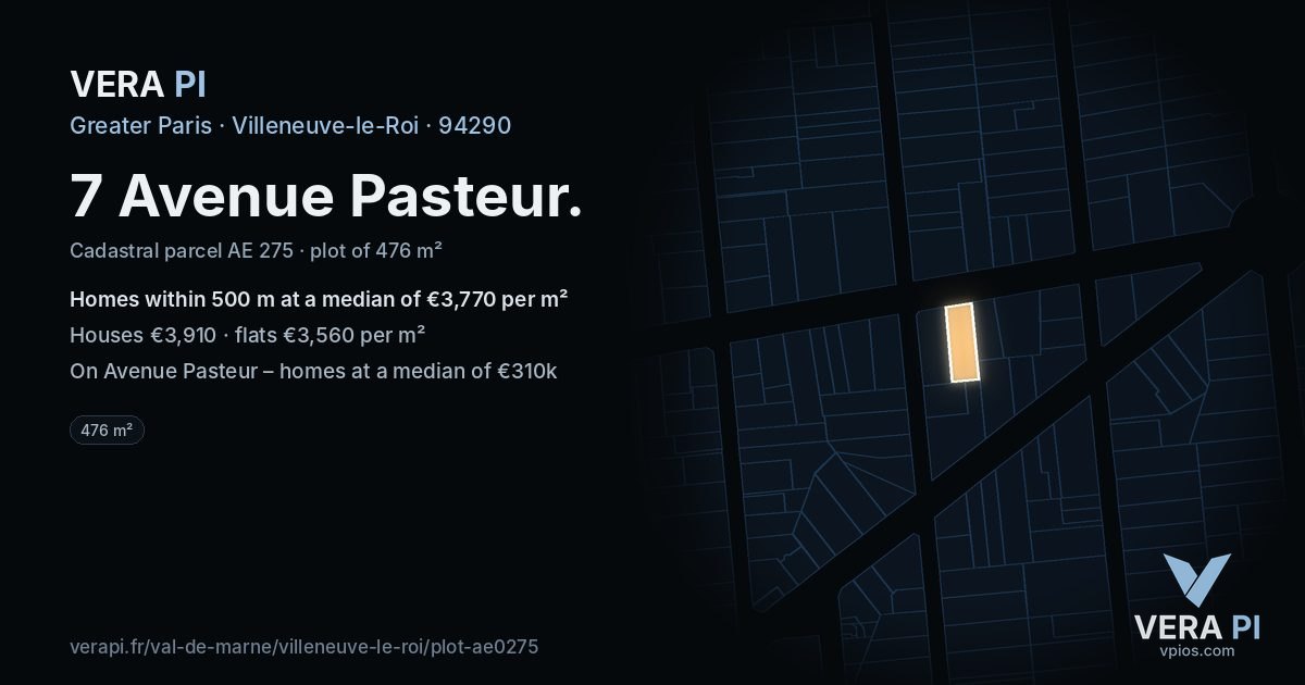7 Avenue Pasteur, Villeneuve-le-Roi at night – the plot lit, the parcels around coloured by the prices near them