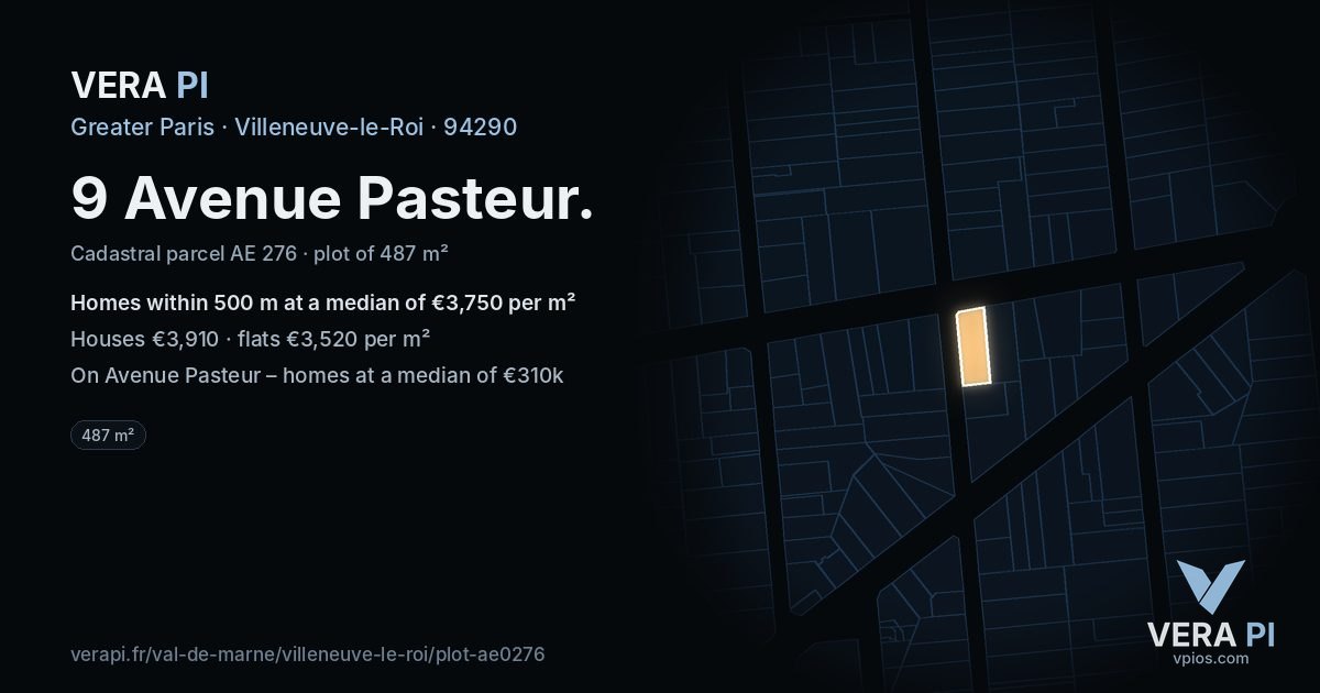 9 Avenue Pasteur, Villeneuve-le-Roi at night – the plot lit, the parcels around coloured by the prices near them