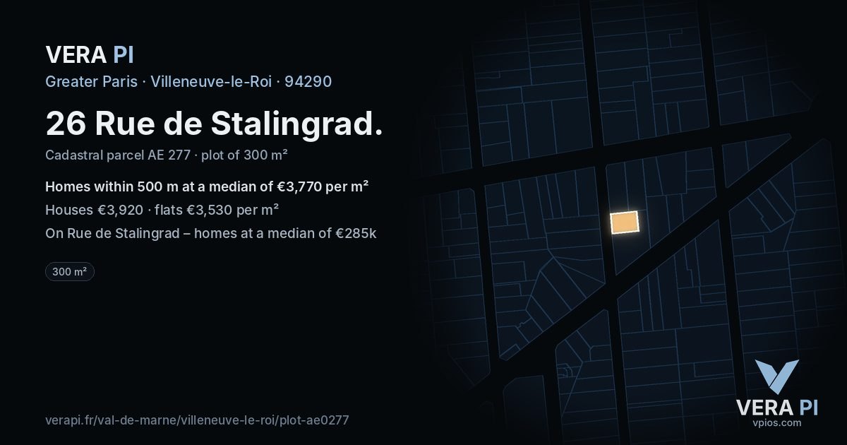 26 Rue de Stalingrad, Villeneuve-le-Roi at night – the plot lit, the parcels around coloured by the prices near them