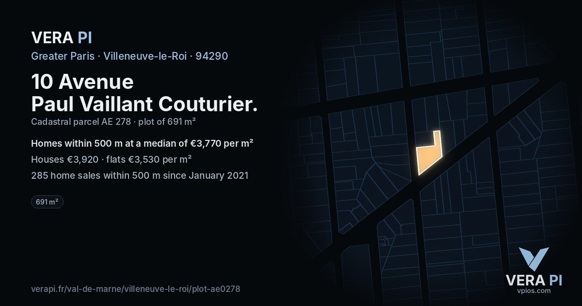 10 Avenue Paul Vaillant Couturier, Villeneuve-le-Roi at night – the plot lit, the parcels around coloured by the prices near them
