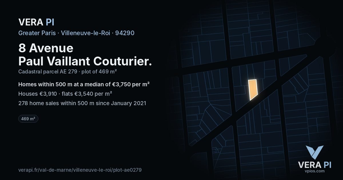 8 Avenue Paul Vaillant Couturier, Villeneuve-le-Roi at night – the plot lit, the parcels around coloured by the prices near them