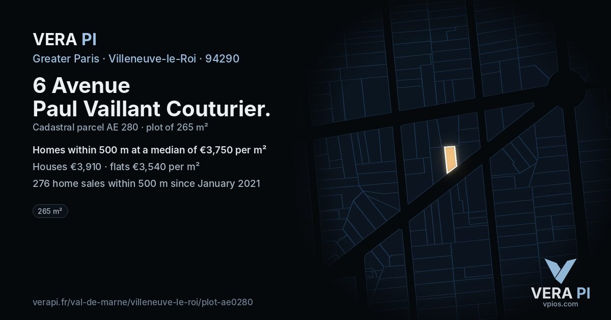 6 Avenue Paul Vaillant Couturier, Villeneuve-le-Roi at night – the plot lit, the parcels around coloured by the prices near them