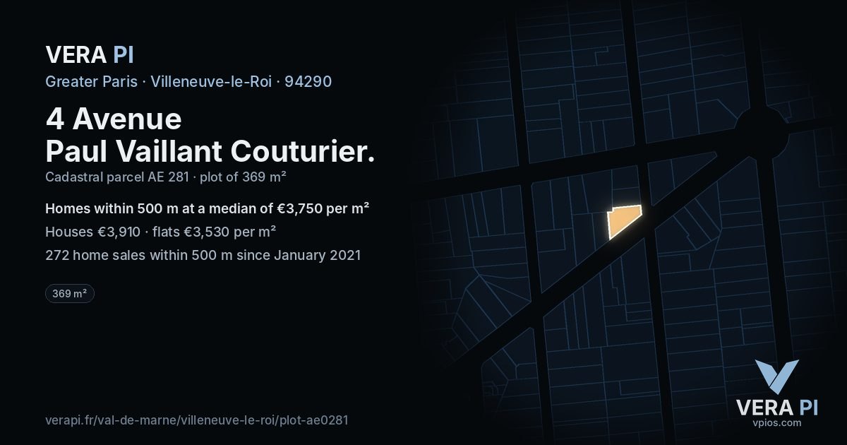 4 Avenue Paul Vaillant Couturier, Villeneuve-le-Roi at night – the plot lit, the parcels around coloured by the prices near them