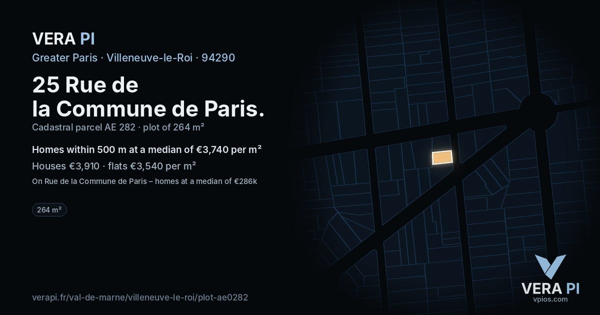 25 Rue de la Commune de Paris, Villeneuve-le-Roi at night – the plot lit, the parcels around coloured by the prices near them