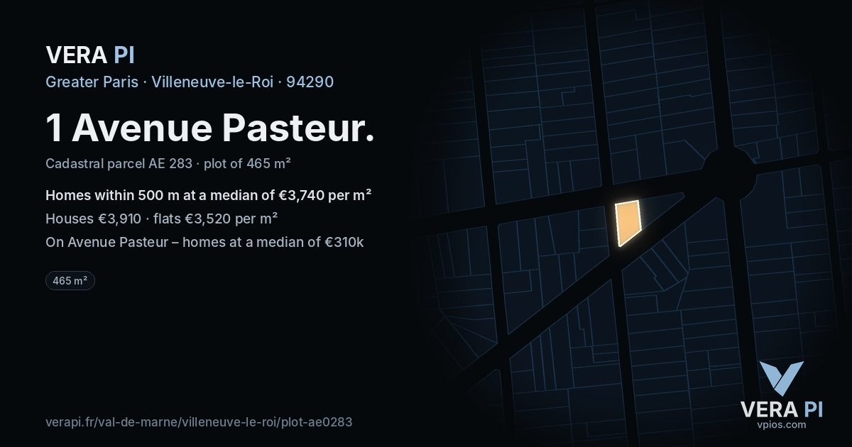 1 Avenue Pasteur, Villeneuve-le-Roi at night – the plot lit, the parcels around coloured by the prices near them