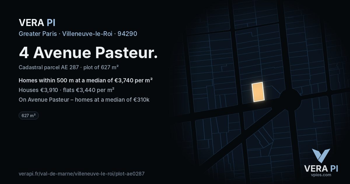 4 Avenue Pasteur, Villeneuve-le-Roi at night – the plot lit, the parcels around coloured by the prices near them