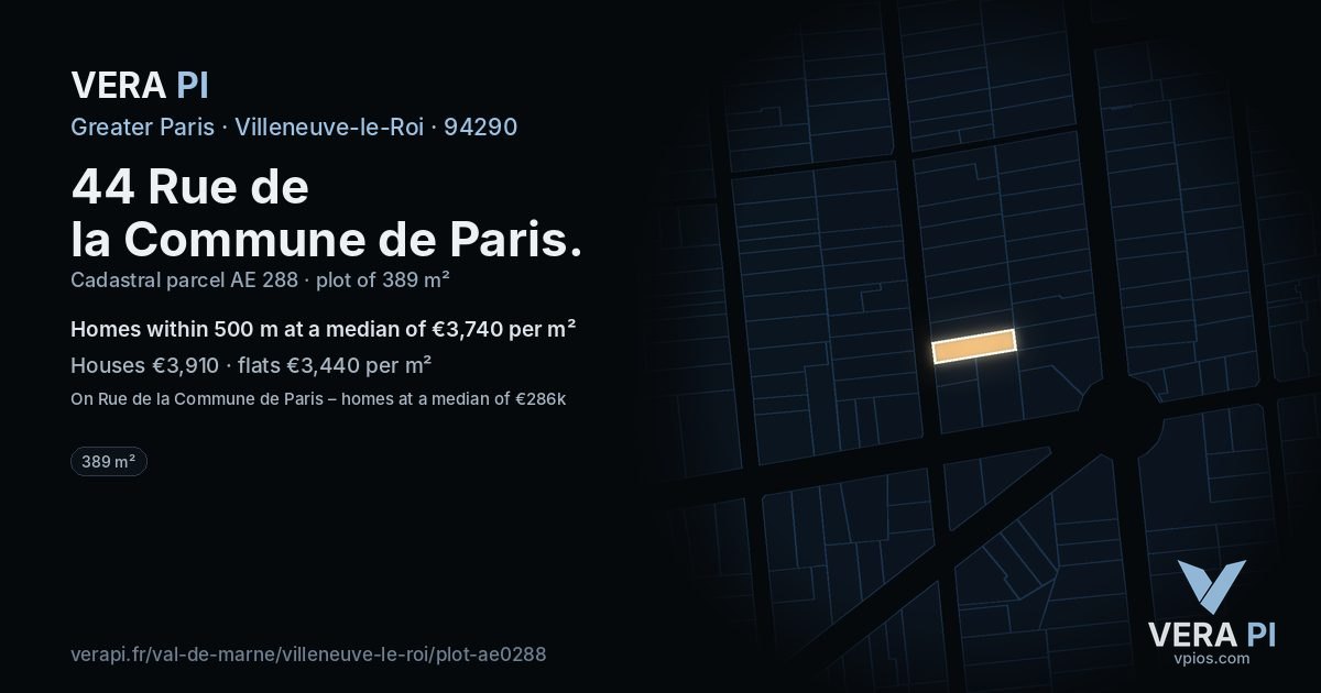 44 Rue de la Commune de Paris, Villeneuve-le-Roi at night – the plot lit, the parcels around coloured by the prices near them