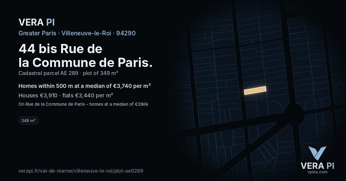44 bis Rue de la Commune de Paris, Villeneuve-le-Roi at night – the plot lit, the parcels around coloured by the prices near them
