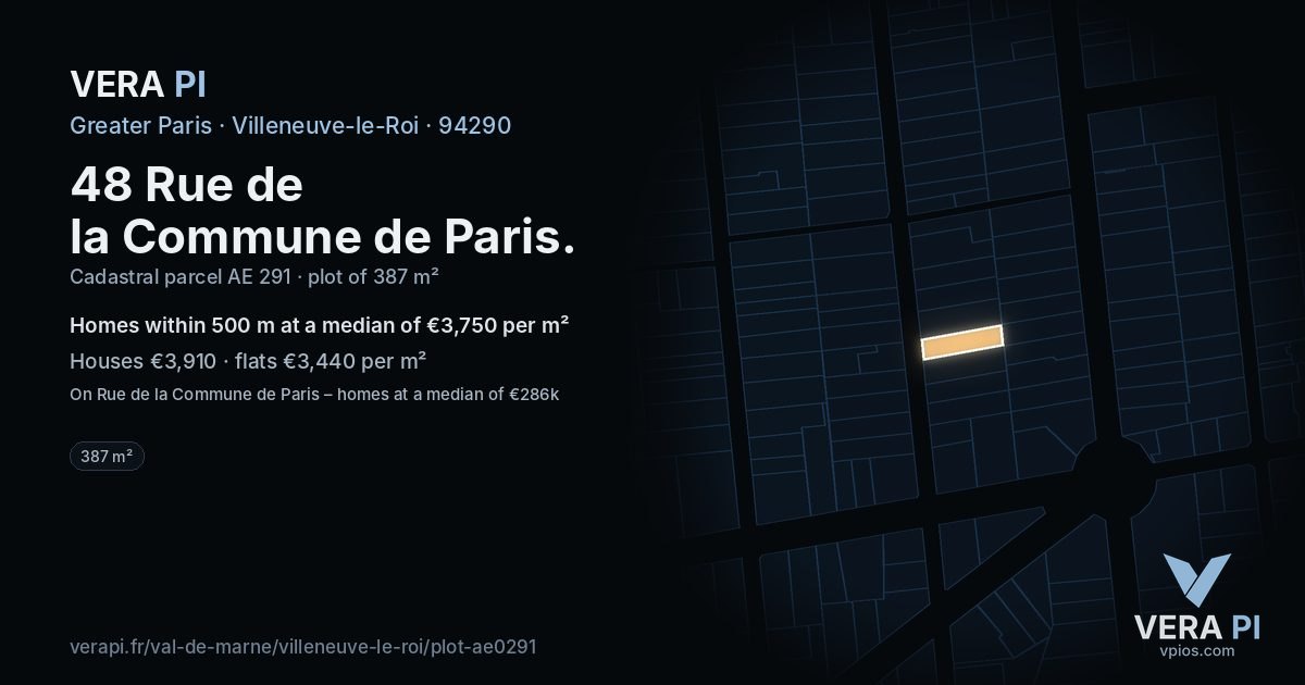 48 Rue de la Commune de Paris, Villeneuve-le-Roi at night – the plot lit, the parcels around coloured by the prices near them