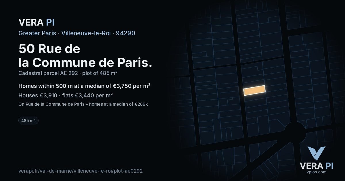 50 Rue de la Commune de Paris, Villeneuve-le-Roi at night – the plot lit, the parcels around coloured by the prices near them